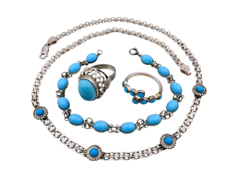 Turquoise Silver Jewelry Set - Italian Necklace, Bracelet & Two Rings Vintage Boho Style Total 27.49G von detaschmuck
