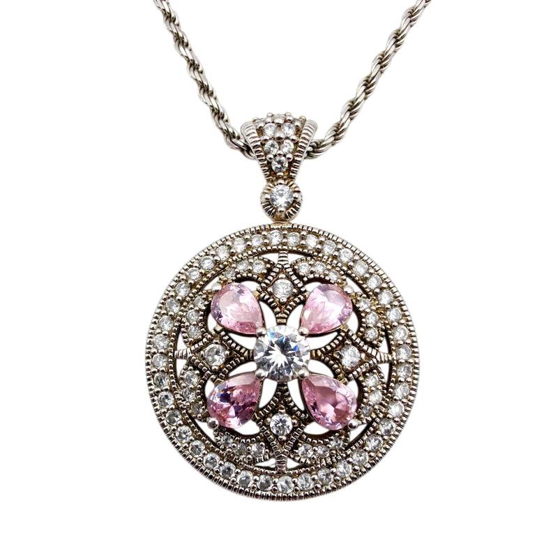 Victorian Style Silver Pendant With Pink Teardrop Stones & Filigree Design - 23.4G Romantic Vintage Revival Necklace von detaschmuck