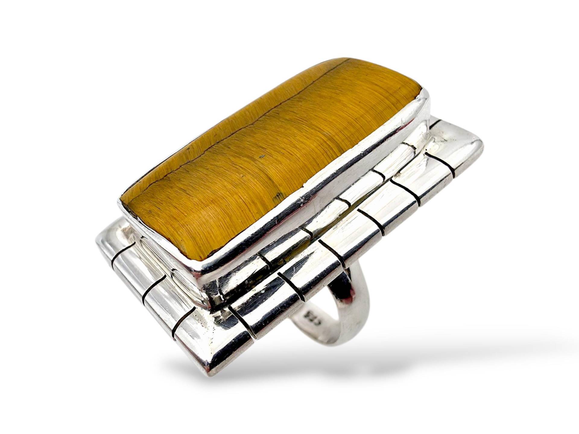 Vintage 1970S Modernist Sterling Silver Ring With Tiger's Eye Gemstone - Geometric Design Size Eu 53 | Us 6.5 von detaschmuck