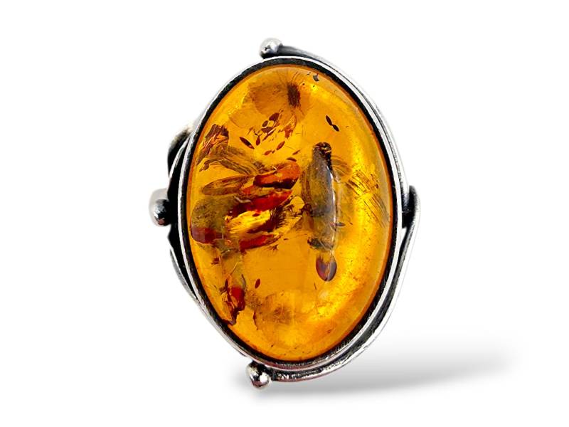 Vintage 1970S Sterling Silver Amber Ring, Handmade Modernist Leaf Design, Natural Baltic Cabochon, Eu 63 | Us 10.25 von detaschmuck