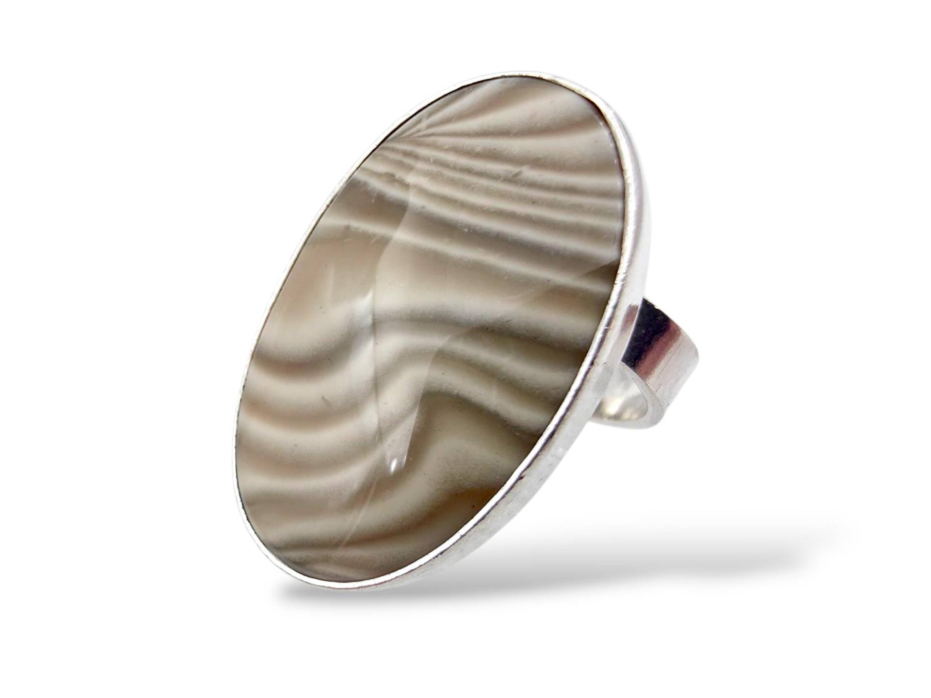 Vintage 1980S Polish Modernist Sterling Silver Agate Ring, Handmade Statement Ring With Banded Cabochon, Size Eu 58 | Us 8.25 von detaschmuck