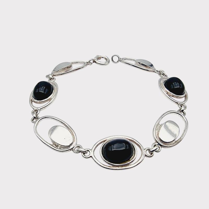 Vintage 800 Silver Black Onyx Oval Link Bracelet | Mid-Century Modern German Jewelry 17 cm von detaschmuck