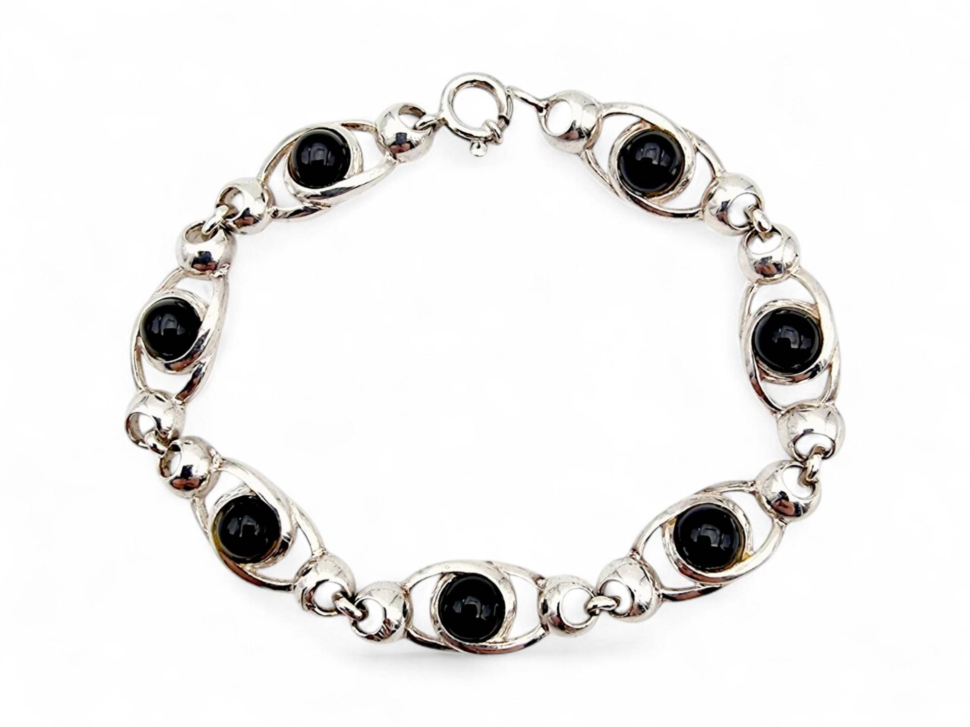 Vintage 800 Silver Bracelet With Black Onyx Cabochons, Elegant Mid-Century Jewelry, 17 cm von detaschmuck