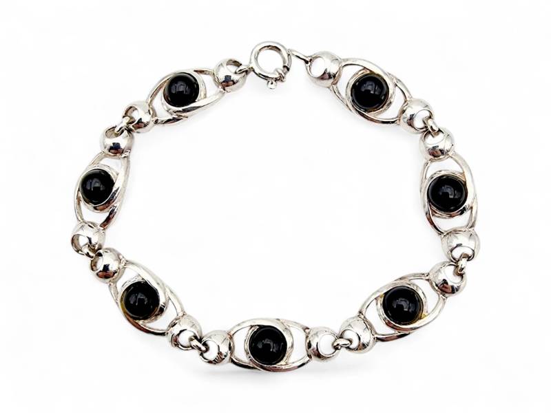 Vintage 800 Silver Bracelet With Black Onyx Cabochons, Elegant Mid-Century Jewelry, 17 cm von detaschmuck