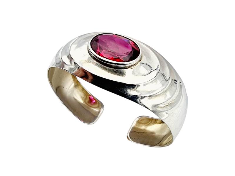 Vintage 835 Silver Cuff Bracelet With Red Glass Gemstone - Bold Design, 1960S von detaschmuck