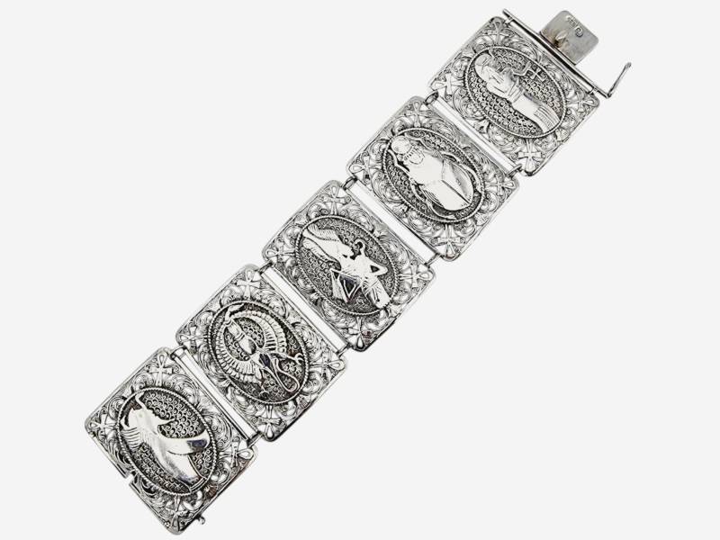 Vintage 835 Silver Egyptian Revival Filigree Bracelet - Pharaoh & Deity Panels 16cm Wide | 41mm von detaschmuck