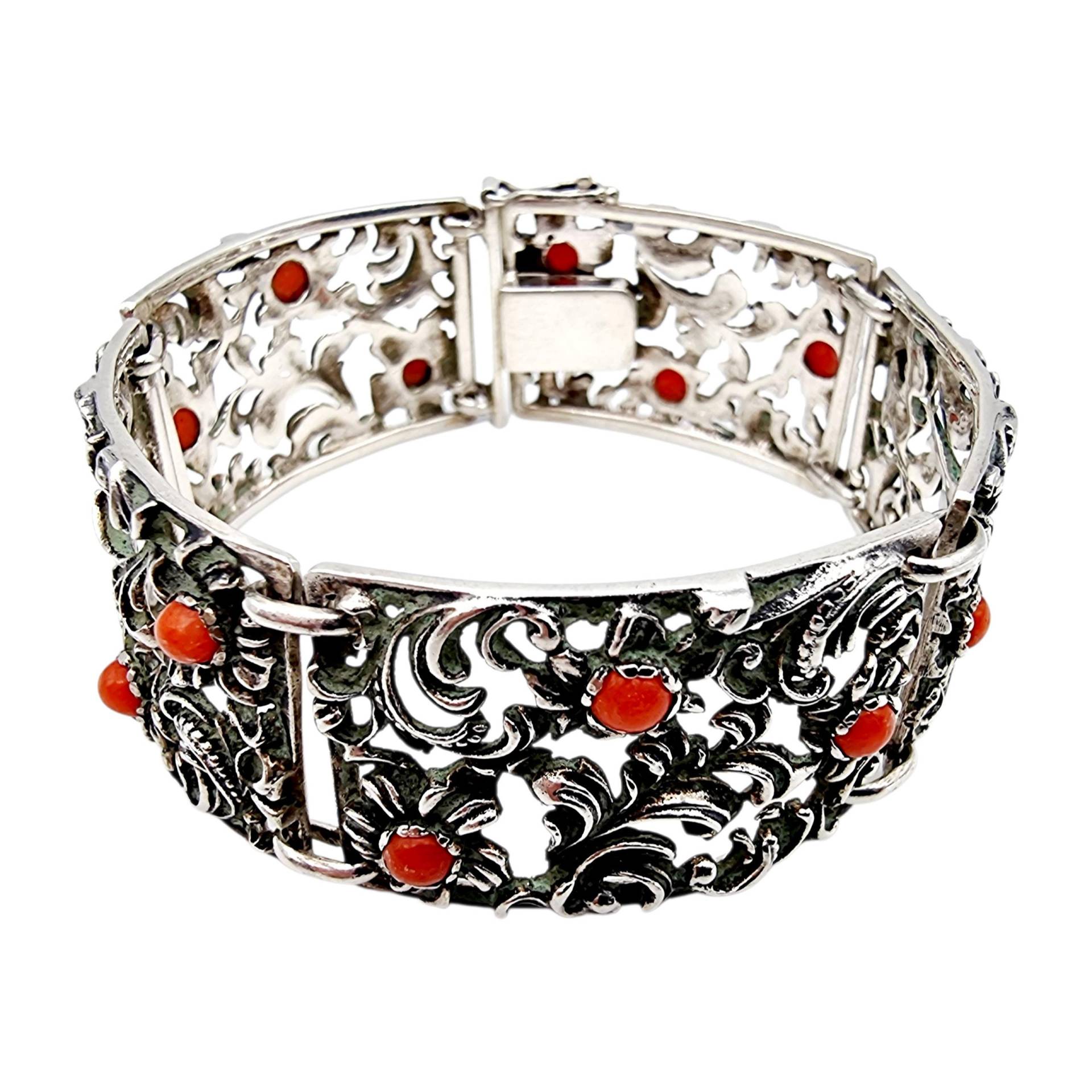 Vintage 835 Silver Filigree Bracelet With Red Coral Cabochons - Ornate Floral Design European Art Jewelry von detaschmuck