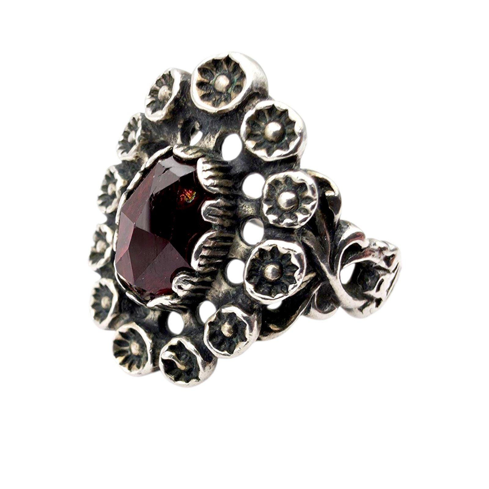 Vintage 835 Silver Garnet Ring By Bas | Floral Baroque Revival Statement Eu 54 | Us 6.75 1960S-70S Handmade Collector Jewelry von detaschmuck