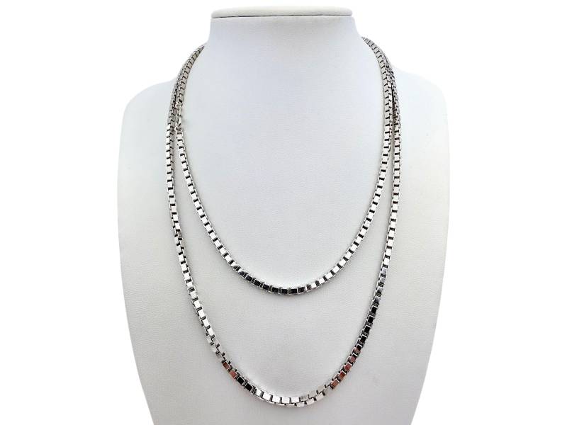 Vintage 835 Silver Long Box Chain Necklace, Heavy 90cm 46G Mid-Century Unisex Jewelry, Bold Square Link Design von detaschmuck