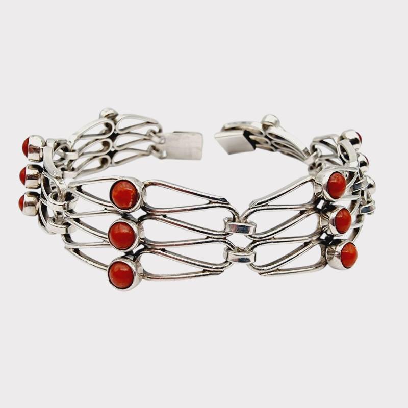 Vintage 835 Silver Modernist Bracelet With Red Cabochons, 18cm von detaschmuck
