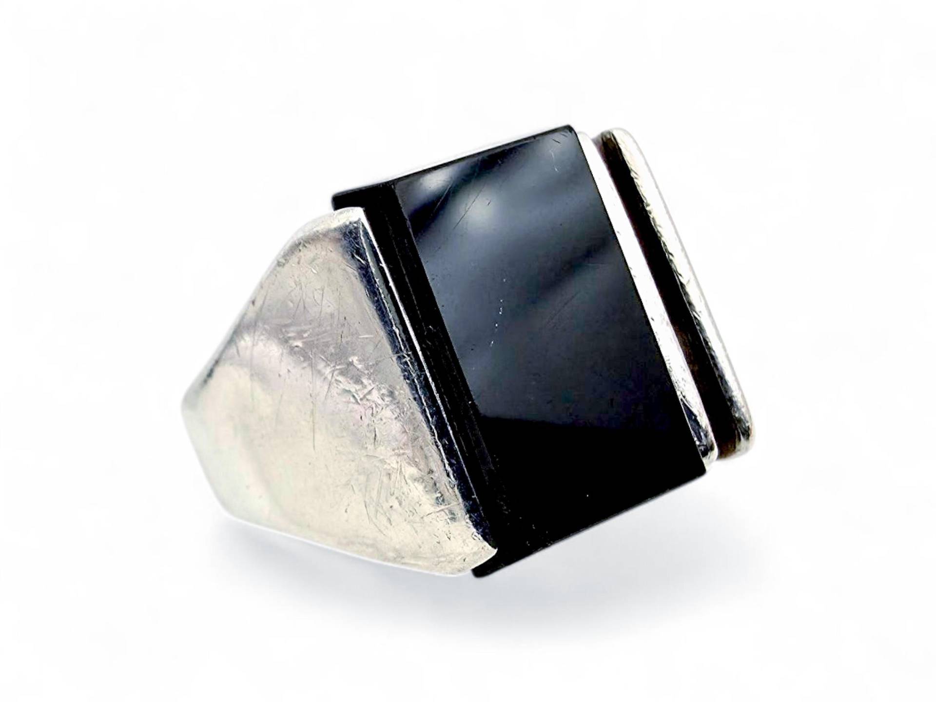 Vintage 835 Silver Modernist Ring With Black Onyx | 1960S Geometric Statement Mid-Century European Size 59 von detaschmuck