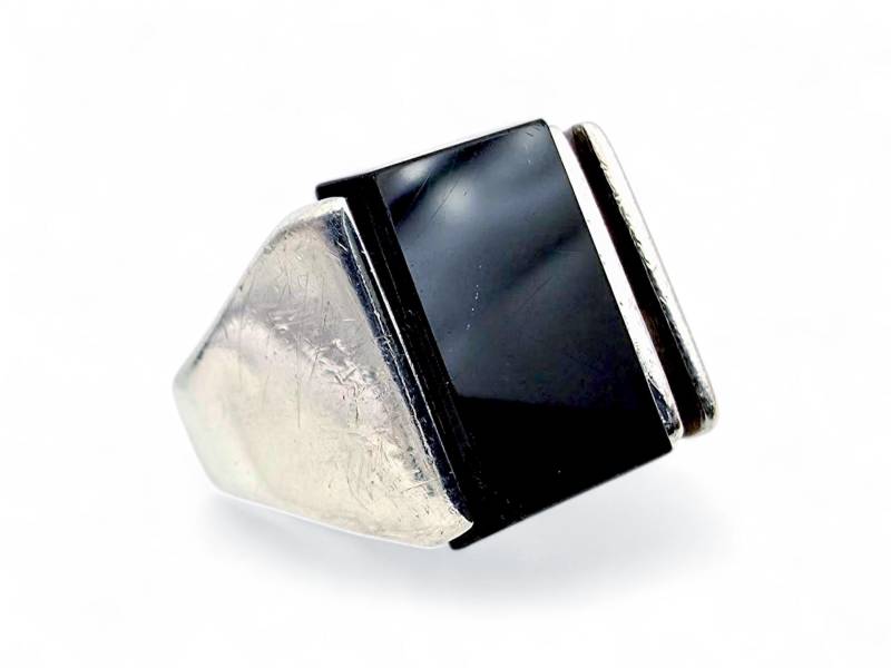 Vintage 835 Silver Modernist Ring With Black Onyx | 1960S Geometric Statement Mid-Century European Size 59 von detaschmuck