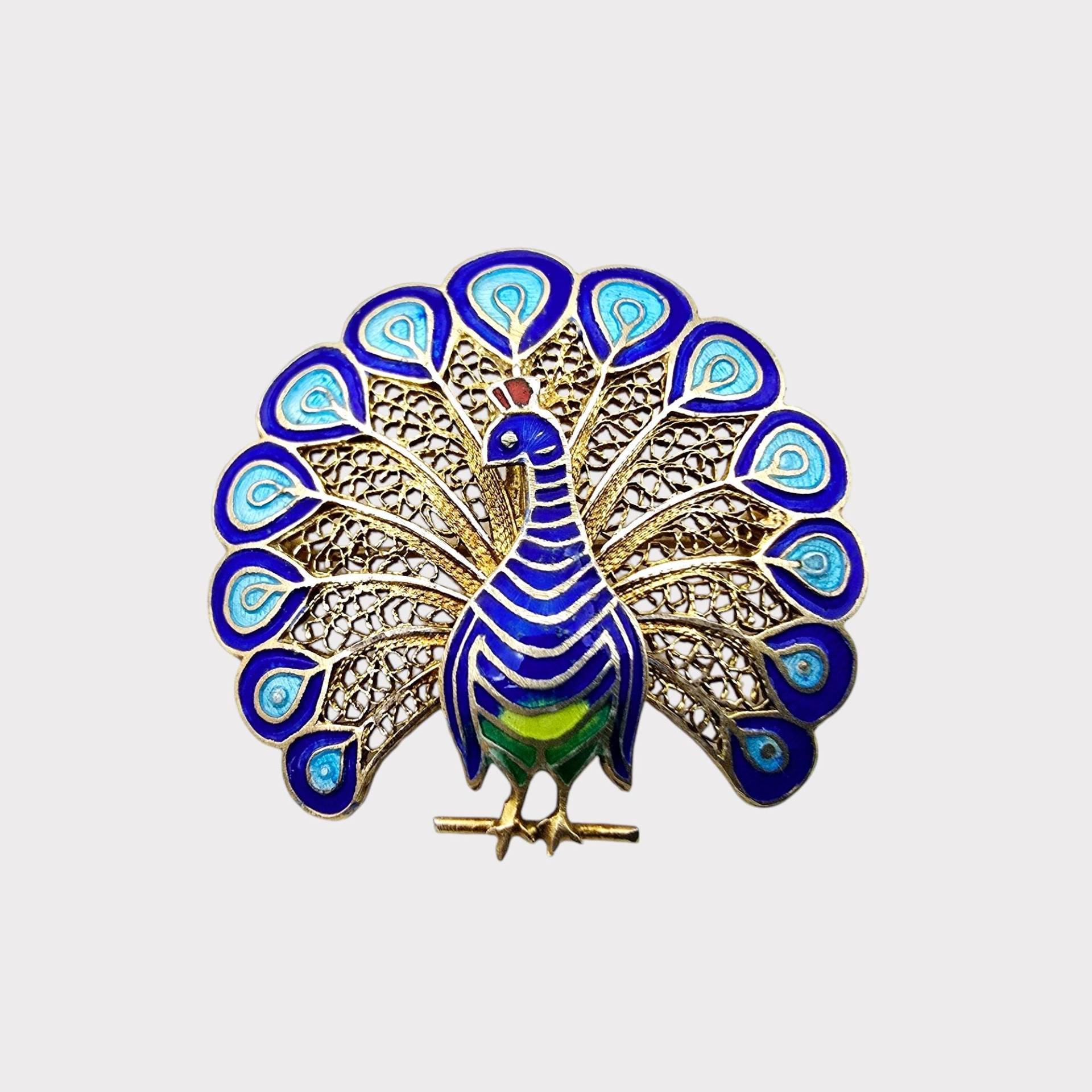 Vintage 835 Silver Peacock Brooch With Vibrant Blue Enamel & Filigree Work - Mid-Century European Jewelry von detaschmuck