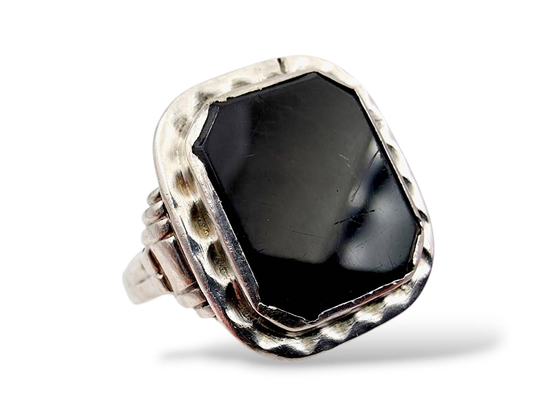 Vintage 835 Silver Ring With Black Onyx | Octagonal Faceted Stone German Mid-Century Jewelry Size Eu 56 | Us 7.5 von detaschmuck