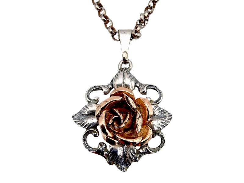 Vintage 835 Silver Rose Pendant Necklace - Two-Tone Floral Design, 64cm Chain von detaschmuck