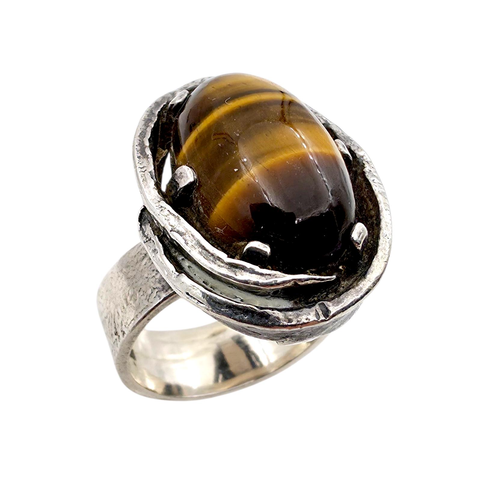 Vintage 835 Silver Tiger's Eye Statement Ring | Brutalist Mid-Century Handmade Design Size Eu 56 | Us 7.5 von detaschmuck