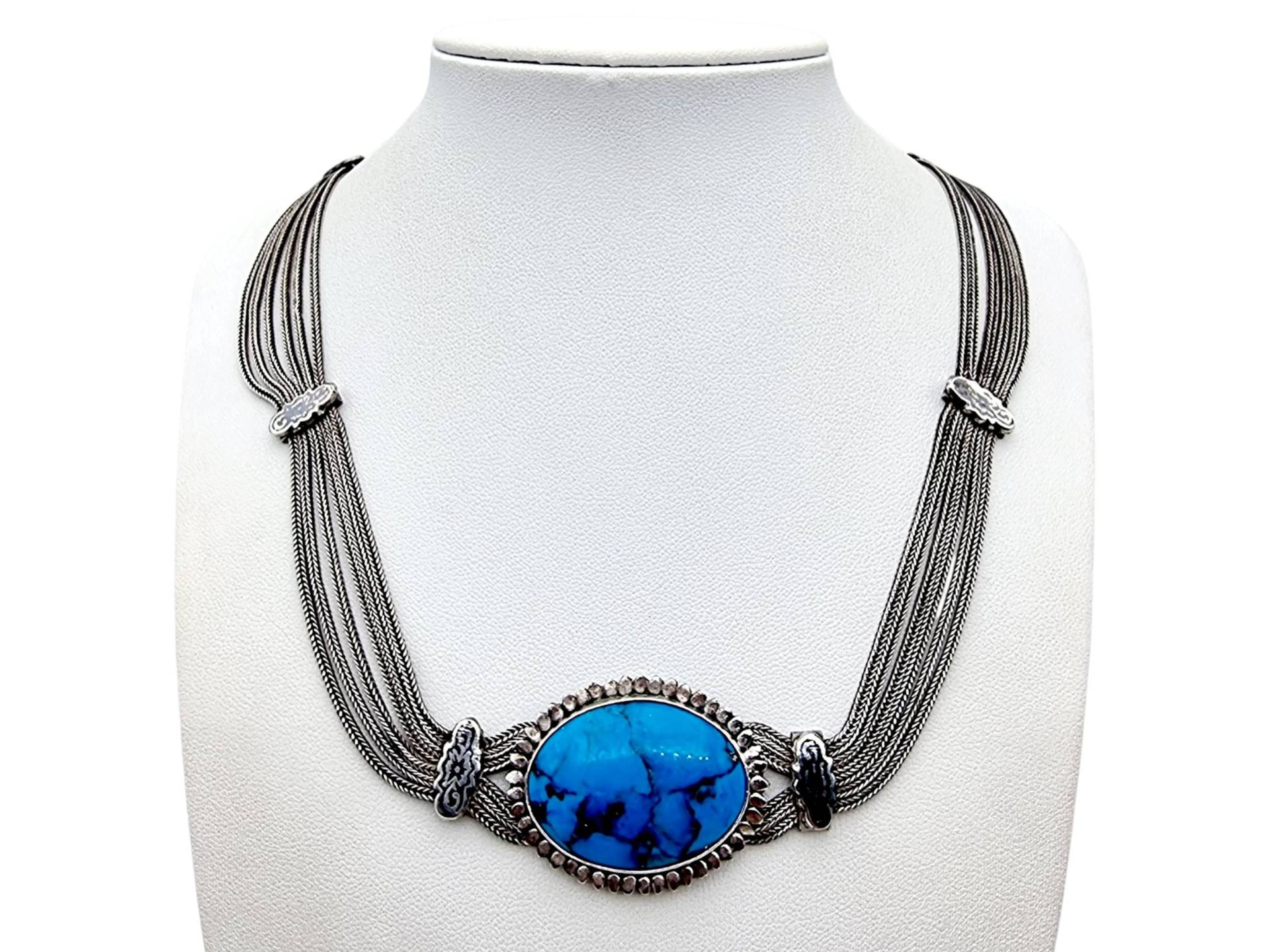 Vintage 900 Silver Multi-Strand Necklace With Large Oval Turquoise Cabochon - Mid-Century Elegant Statement Jewelry von detaschmuck