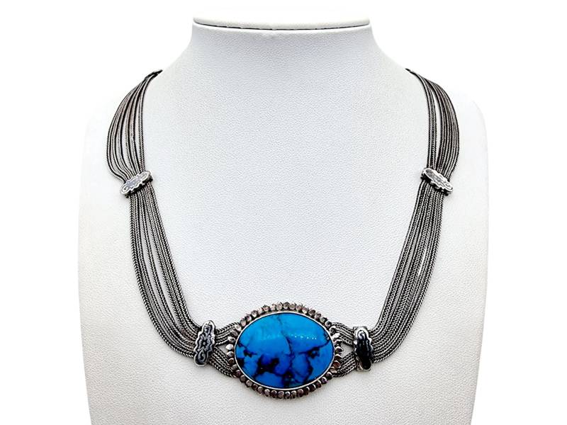 Vintage 900 Silver Multi-Strand Necklace With Large Oval Turquoise Cabochon - Mid-Century Elegant Statement Jewelry von detaschmuck