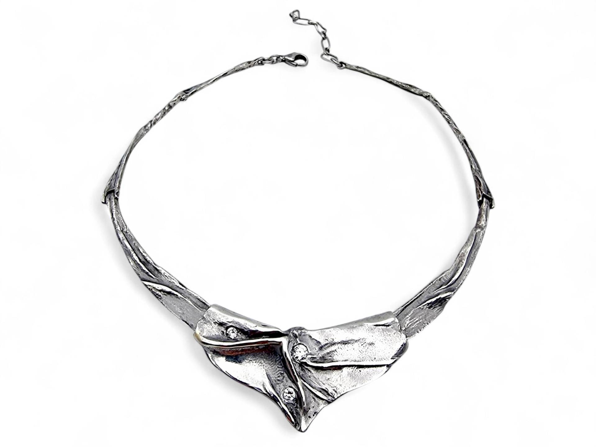 Vintage 925 Silver Brutalist Necklace With Cubic Zirconia | Sculptural Organic Design Modernist Statement Jewelry 44cm von detaschmuck