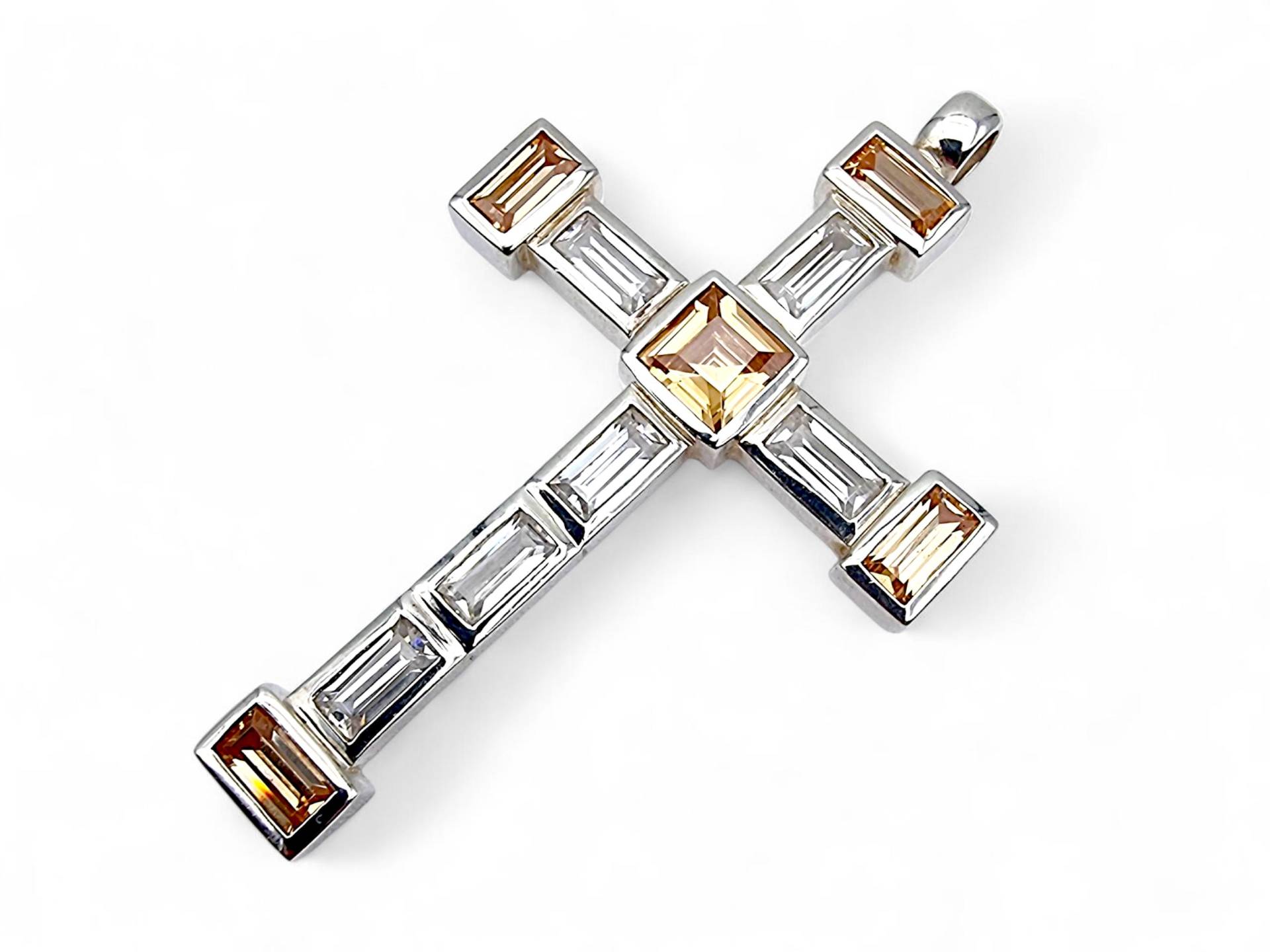 Vintage 925 Silver Cross Pendant - Large Baguette-Cut White & Champagne-Colored Stones Bold Retro Jewelry von detaschmuck