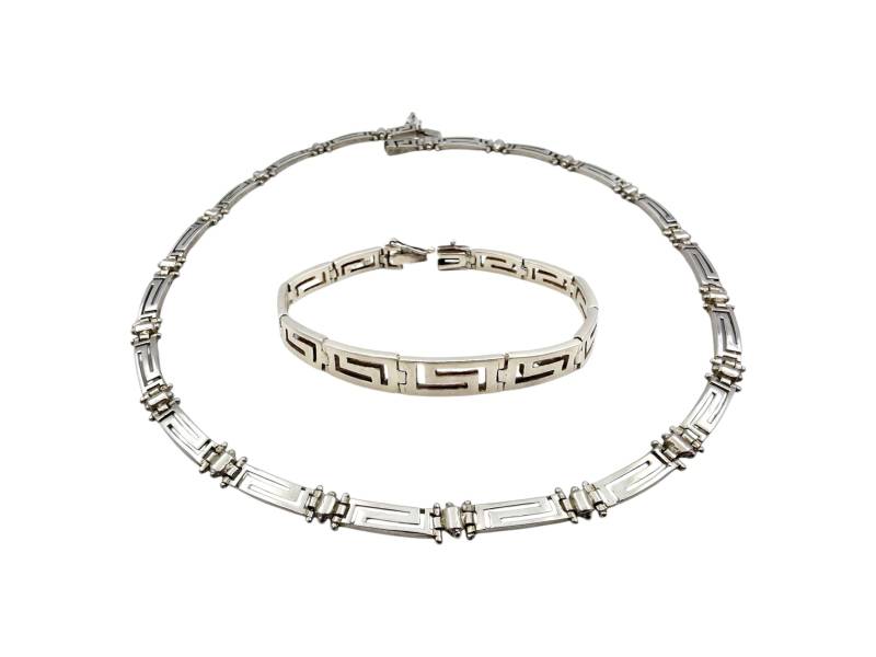Vintage Silver Greek Key Jewelry Set, 925 Necklace & Bracelet, Geometric Retro Design, 1970S-80S von detaschmuck