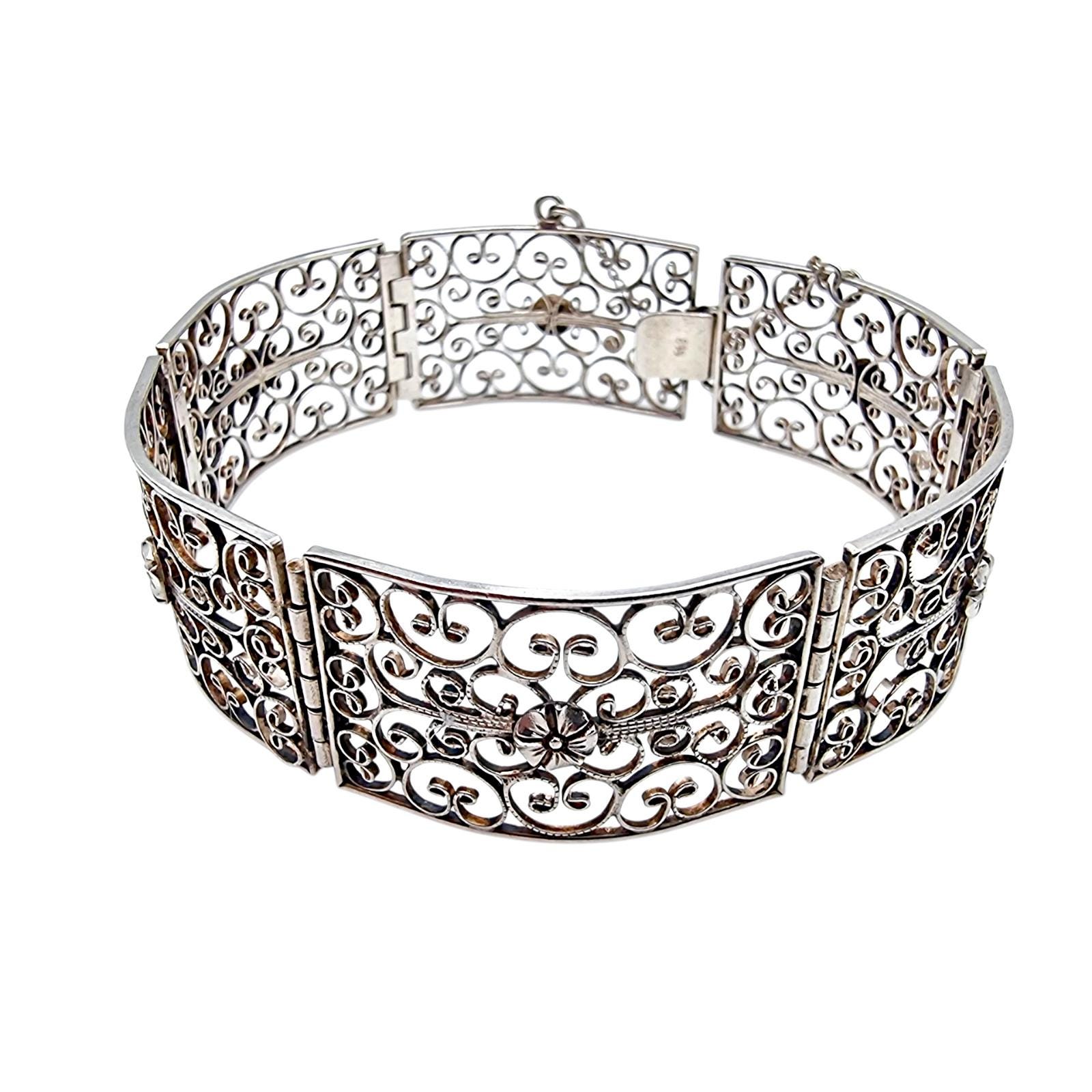 Vintage 925 Silver Filigree Bracelet | Handmade Floral Scroll Panel 1950S-70S Ornate Statement Jewelry 20cm von detaschmuck