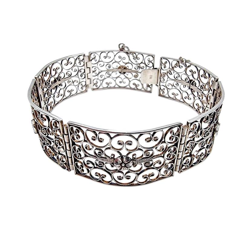 Vintage 925 Silver Filigree Bracelet | Handmade Floral Scroll Panel 1950S-70S Ornate Statement Jewelry 20cm von detaschmuck
