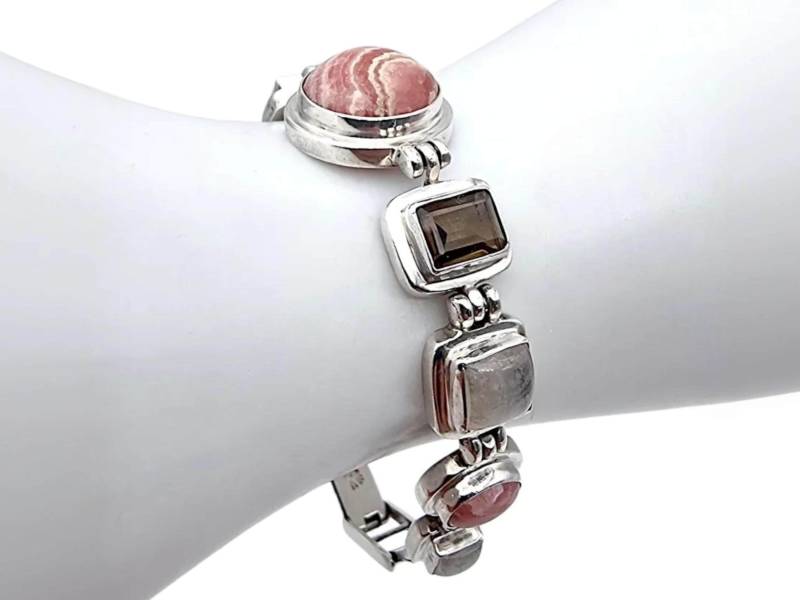 Vintage 925 Silver Gemstone Bracelet | Rhodochrosite, Smoky Quartz & Moonstone Link Modernist Artisan Jewelry 38G von detaschmuck