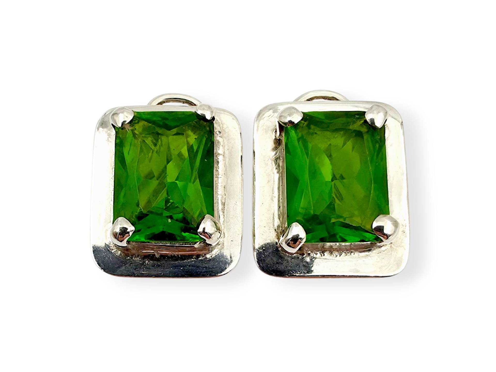 Vintage 925 Silver Green Earrings, Emerald-Cut Clip-Ons, Mid-Century Modernist Sterling Jewelry, 1960S Retro Statement von detaschmuck