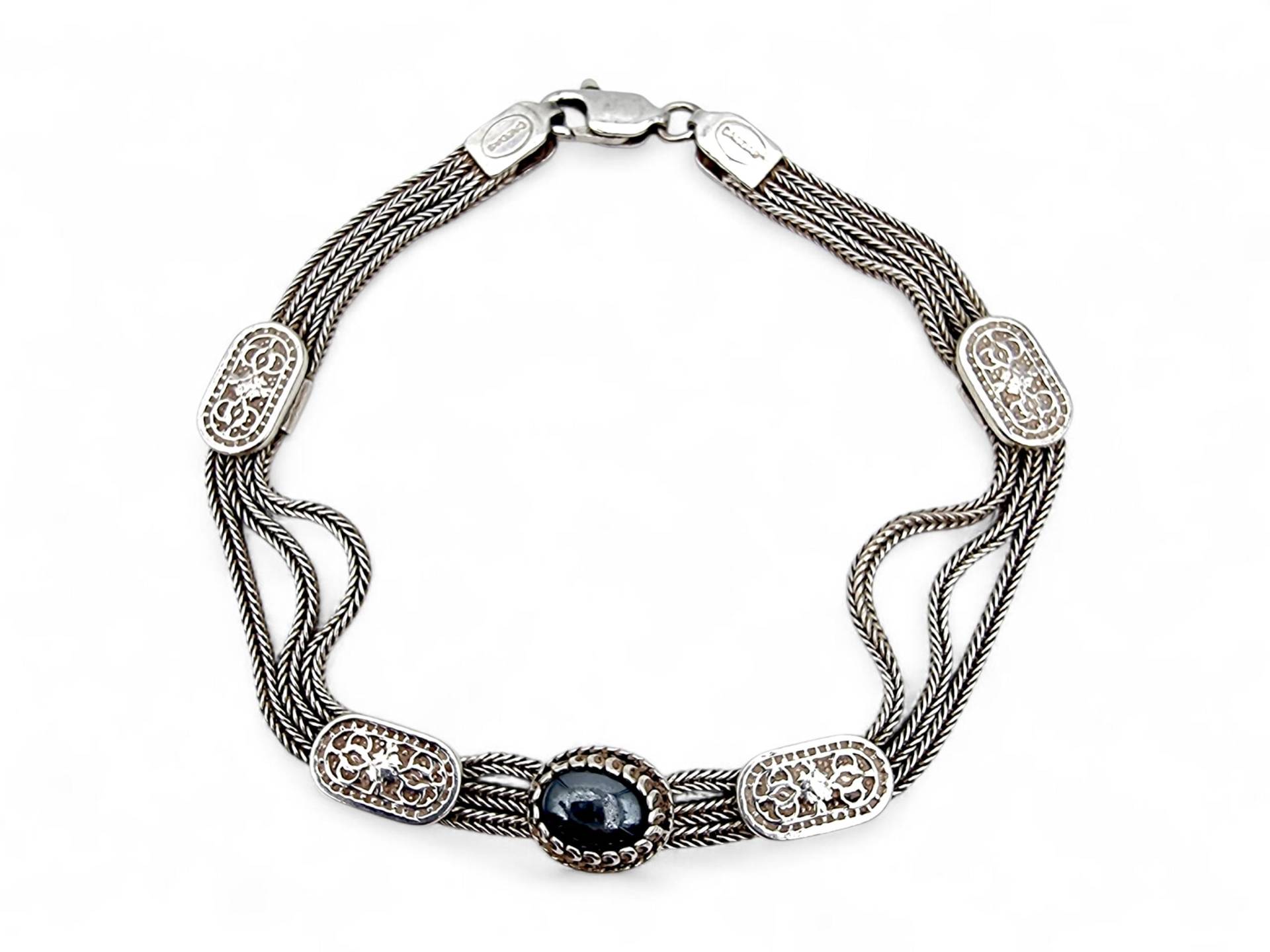 Vintage 925 Silver Hematite Bracelet - Filigree & Woven Chain Design, Mid-Century Jewelry von detaschmuck