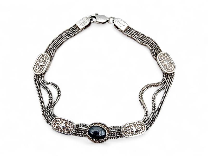 Vintage 925 Silver Hematite Bracelet - Filigree & Woven Chain Design, Mid-Century Jewelry von detaschmuck