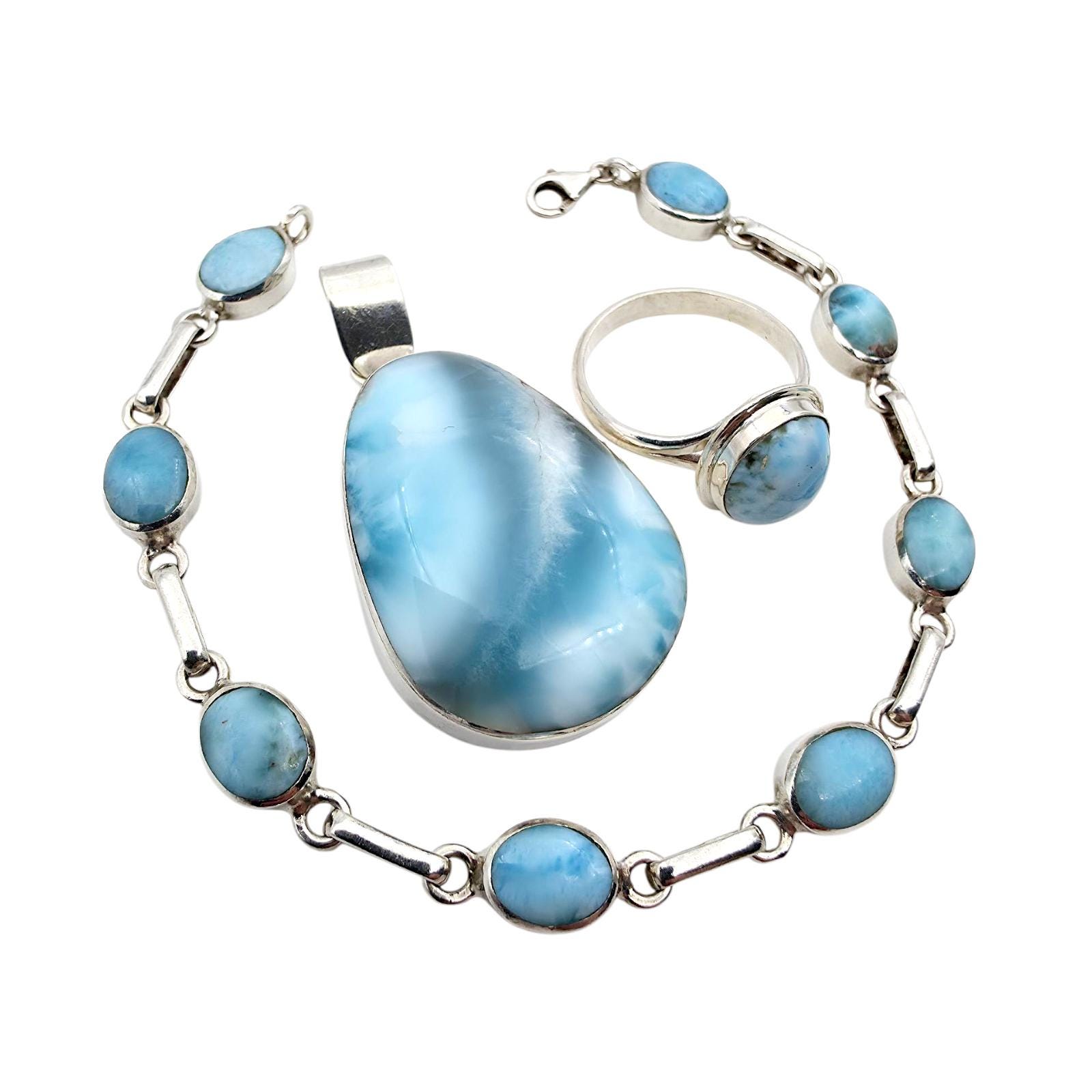 Vintage 925 Silver Larimar Jewelry Set - Pendant, Bracelet & Ring | Eu 58 | Natural Blue Stones von detaschmuck
