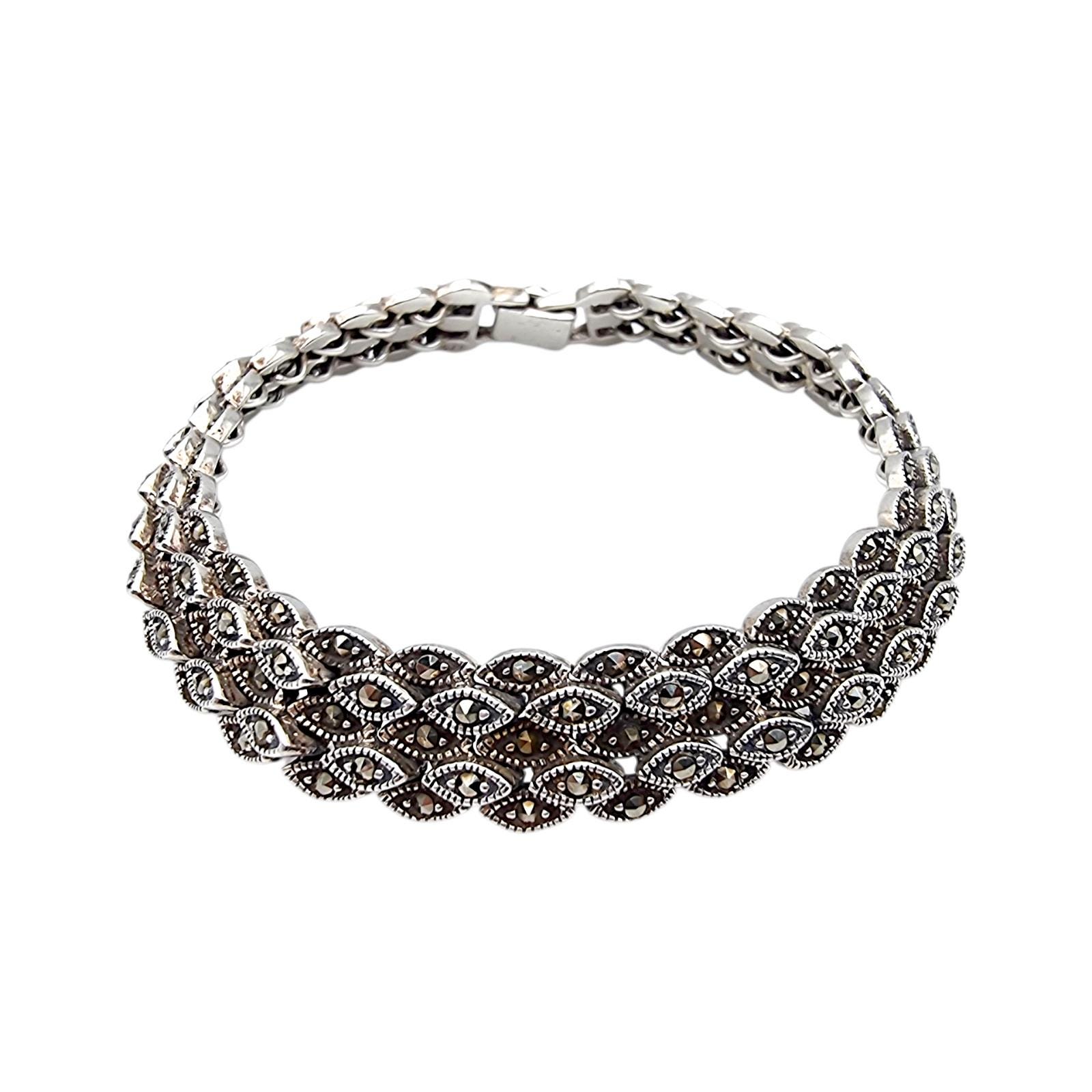 Vintage 925 Silver Marcasite Bracelet | Art Deco Revival Jewelry Elegant Wide Link For Women von detaschmuck