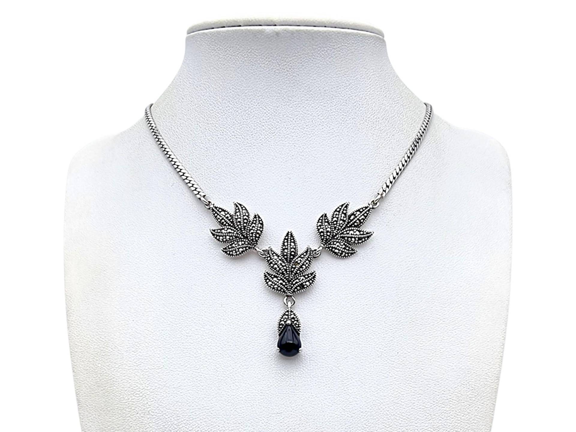 Vintage 925 Silver Marcasite Necklace With Black Onyx Drop | Art Deco Leaf Design Elegant Statement Jewelry von detaschmuck