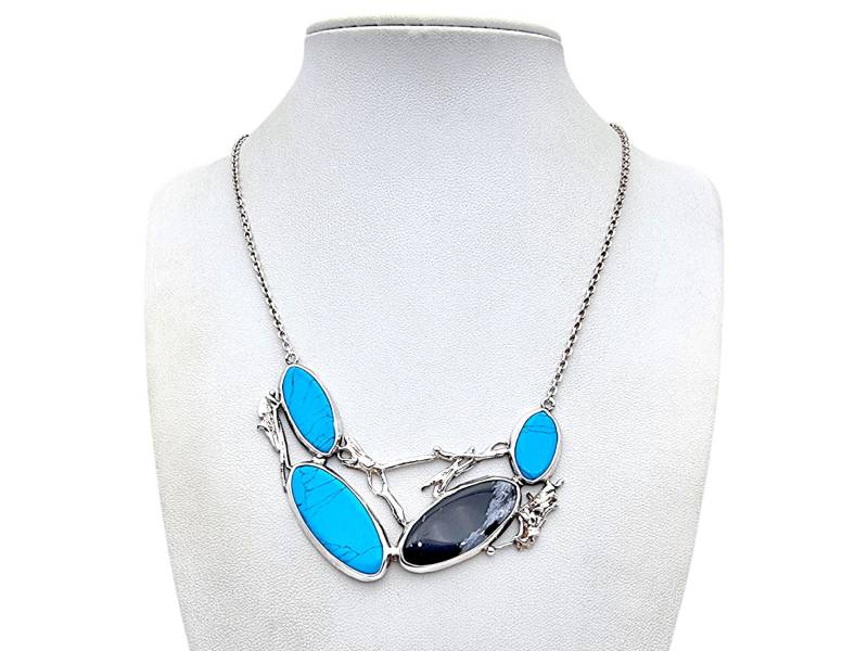 Vintage 925 Silver Modernist Necklace With Turquoise & Snowflake Obsidian | Organic Branch Design von detaschmuck