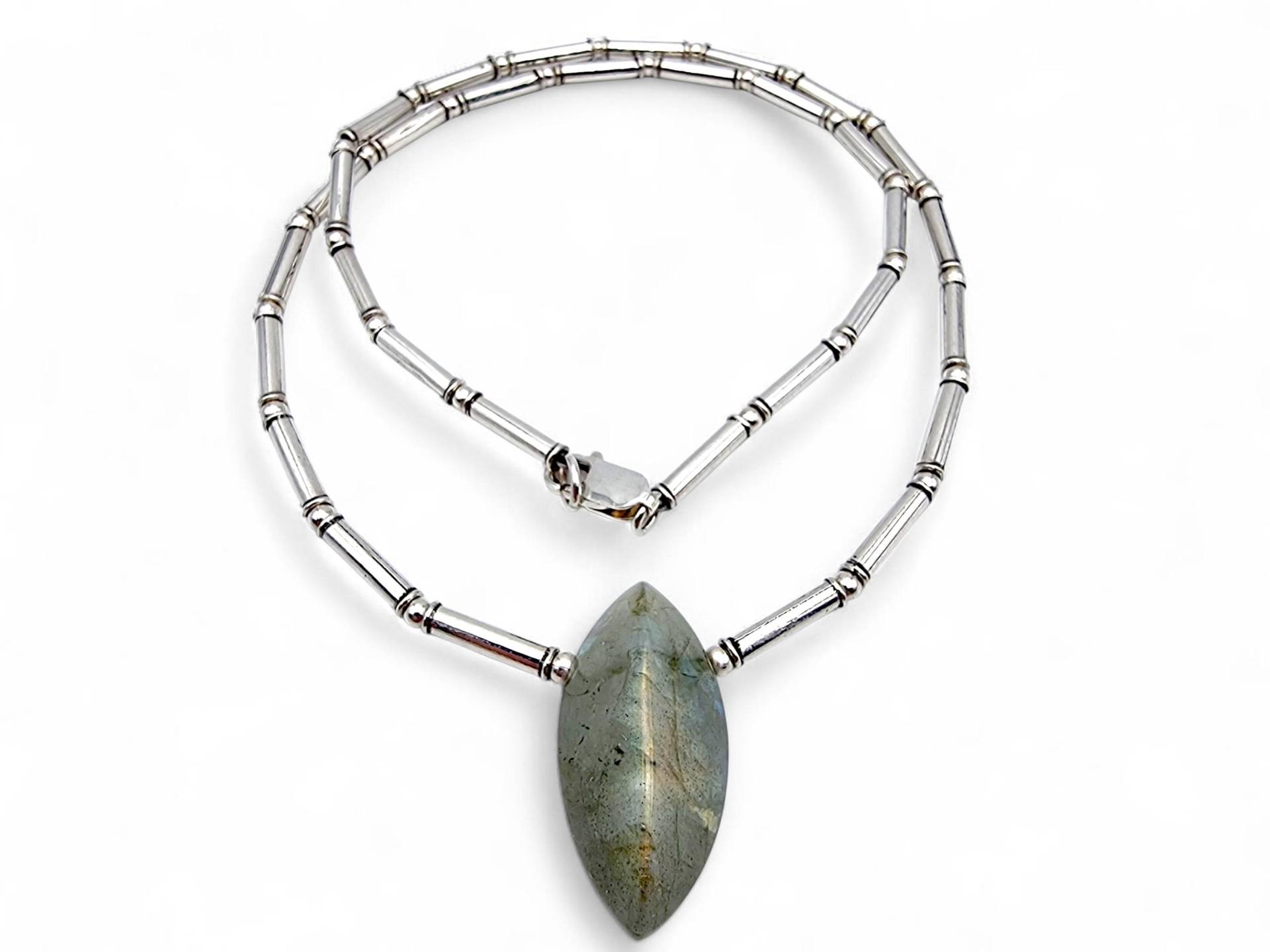 Vintage 925 Silver Necklace With Natural Labradorite Pendant - Minimalist Modernist Design, 51cm von detaschmuck