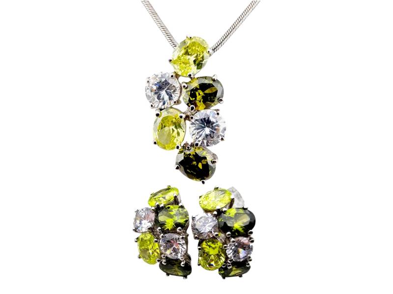 Vintage 925 Silver Necklace & Earrings Set With Green & Clear Zirconia - Cluster Design, Elegant Modern Jewelry von detaschmuck