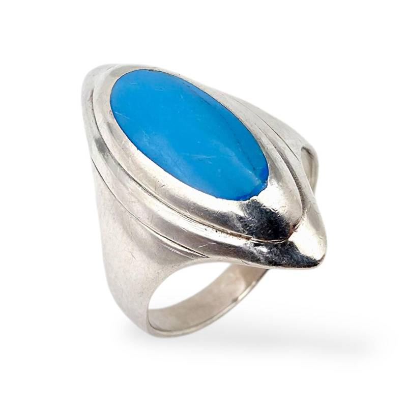 Vintage 925 Silver Ring With Turquoise Cabochon Stone - Unique Retro Design, Size 61 von detaschmuck