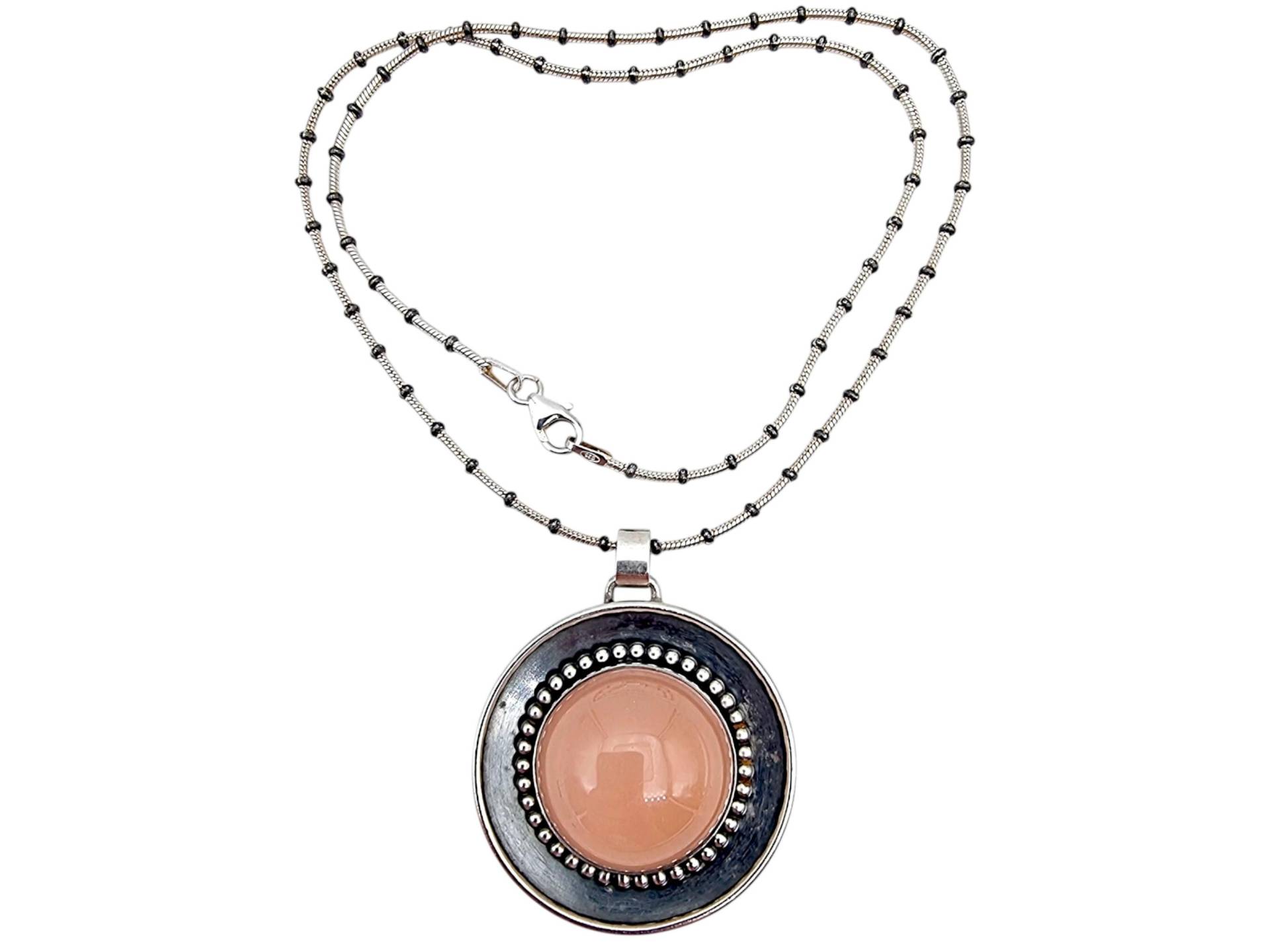 Vintage 925 Silver Rose Quartz Pendant | Modernist Round Necklace, Scandinavian Design, Soft Pink Gemstone Jewelry von detaschmuck