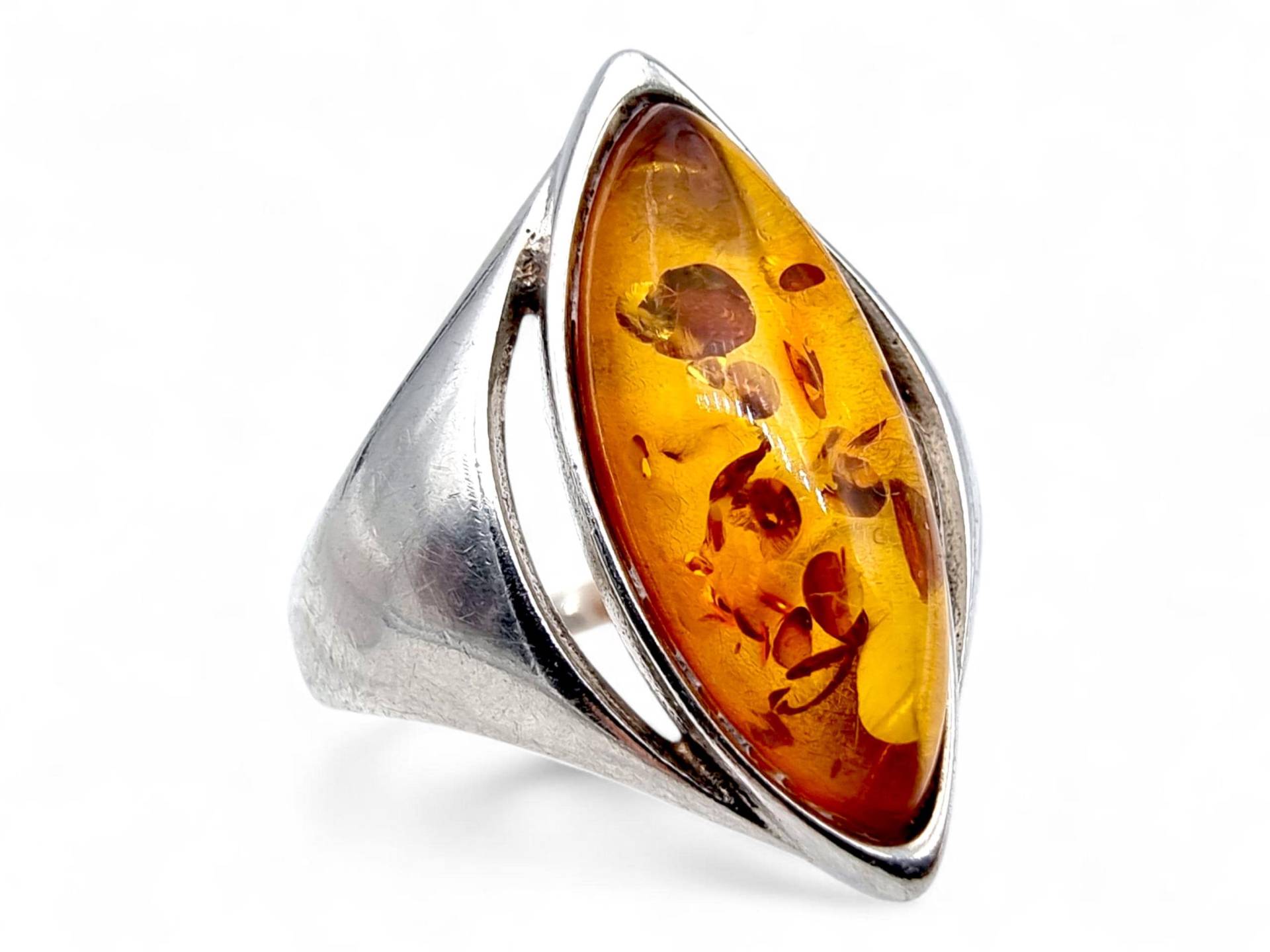 Vintage 925 Sterling Silver Modernist Amber Ring, Scandinavian Design With Marquise Baltic Amber, Size Eu 60 | Us 9 von detaschmuck