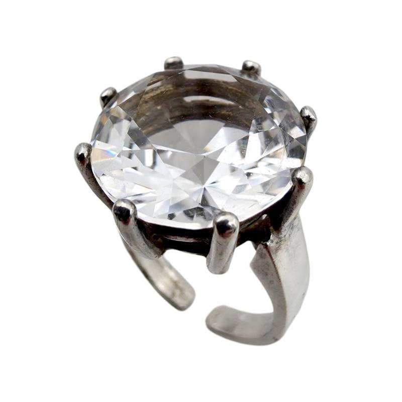 Vintage Adjustable Silver Cocktail Ring With Large Rock Crystal - Statement Jewelry | Eu 49/Us 5 von detaschmuck