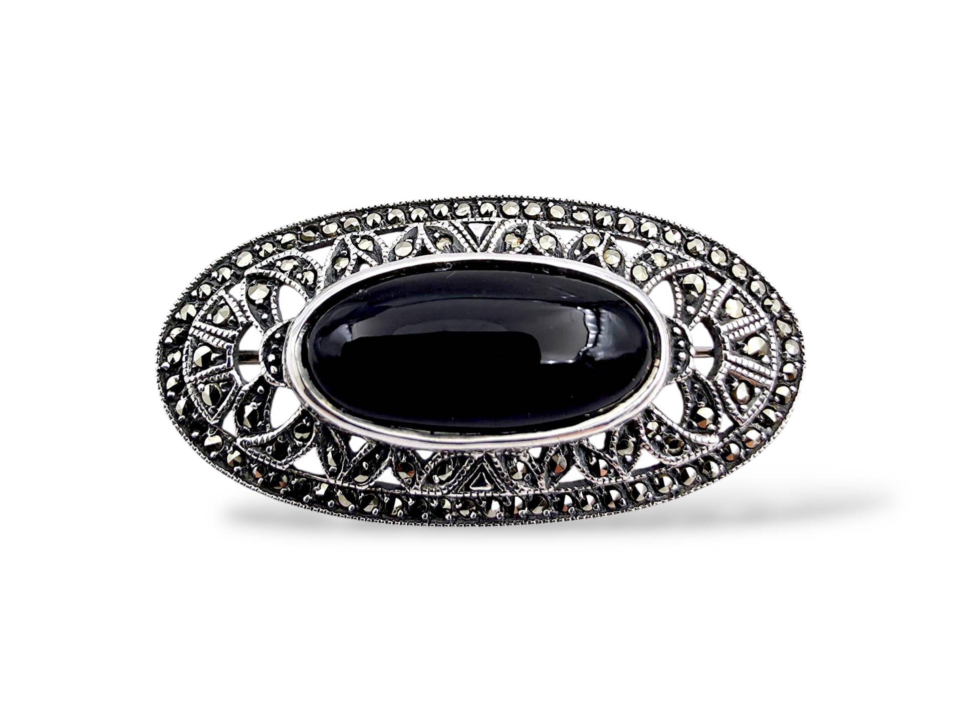 Vintage Art Deco Style Sterling Silver Brooch With Black Onyx & Marcasite | Oval 925 Pin Vintage Art Deco Style Sterling Silver Brooch With Black Onyx & Marcasite | Oval 925 Pin von detaschmuck