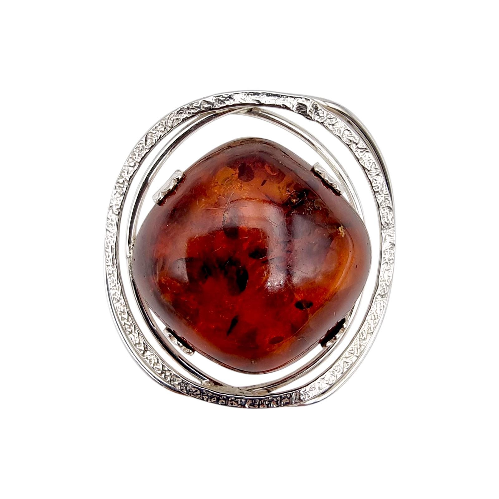 Vintage Baltic Amber Brooch | Modernist Silver 835 Pin, 34×33mm Mid-Century Abstract Design von detaschmuck