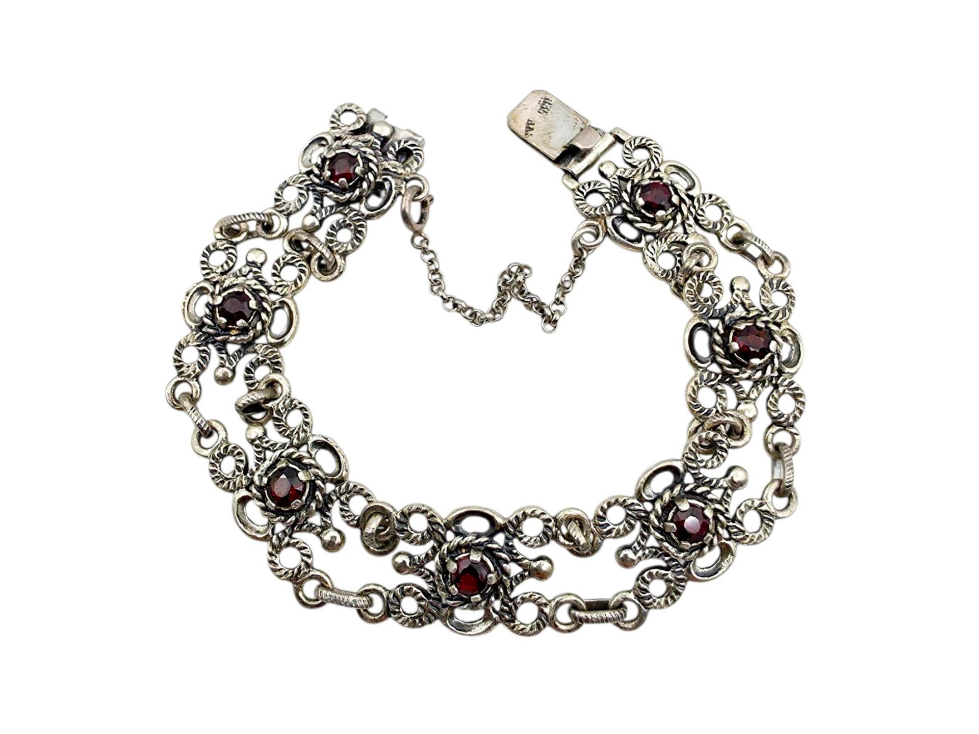 Vintage Bas 835 Silver Garnet Bracelet | Ornate Filigree Double Link Design German 1950S Jewelry 17 cm von detaschmuck