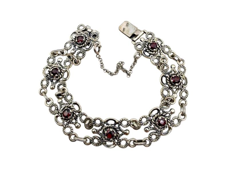 Vintage Bas 835 Silver Garnet Bracelet | Ornate Filigree Double Link Design German 1950S Jewelry 17 cm von detaschmuck