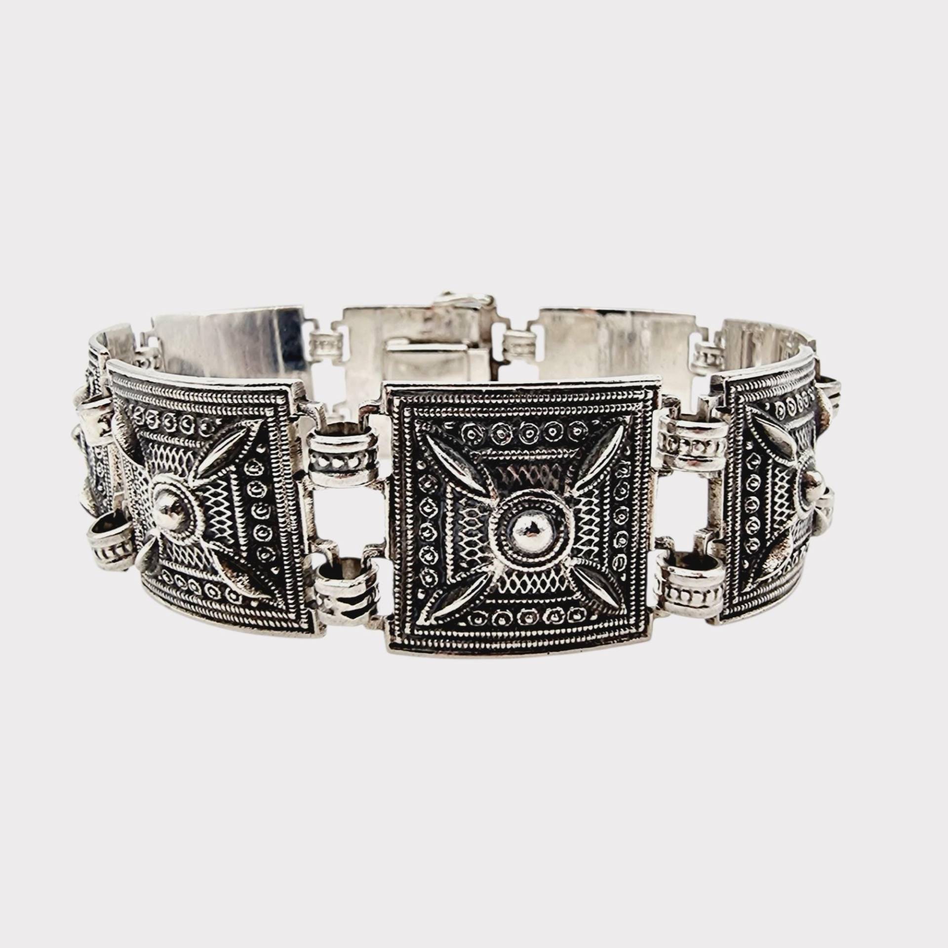Vintage Bas | Blachian Antik Schmuck Silver Panel Bracelet, Ornate Balkan Revival Style, 47G Heavy Statement Cuff, 18cm Long Jewelry von detaschmuck