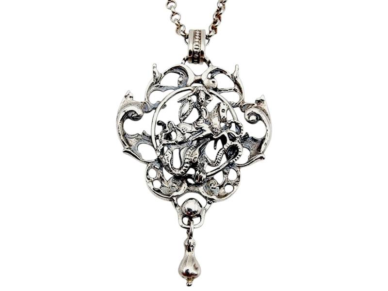 Vintage Bas | Blachian Antik Schmuck Silver Pendant With St. George & Dragon Motif - Baroque Style Necklace | 24.26G von detaschmuck