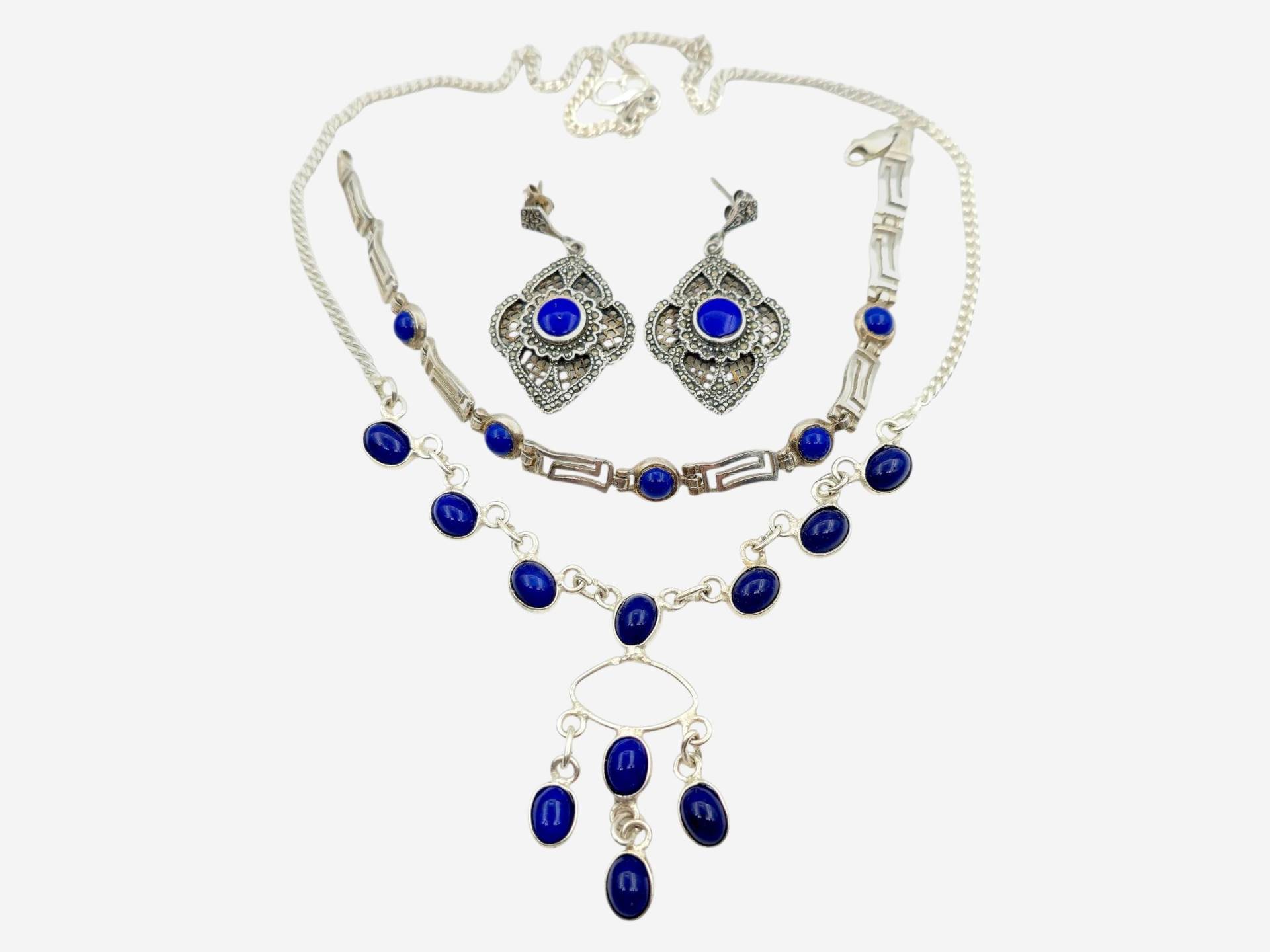 Vintage Blue Cabochon Jewelry Set | Silver-Tone Necklace, Bracelet & Earrings Lapis Lazuli Look 1980S Style von detaschmuck