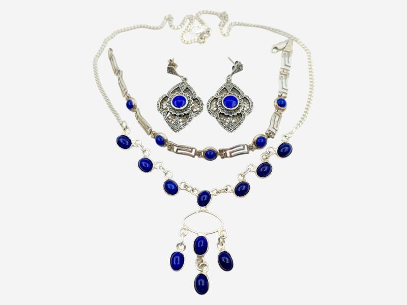 Vintage Blue Cabochon Jewelry Set | Silver-Tone Necklace, Bracelet & Earrings Lapis Lazuli Look 1980S Style von detaschmuck