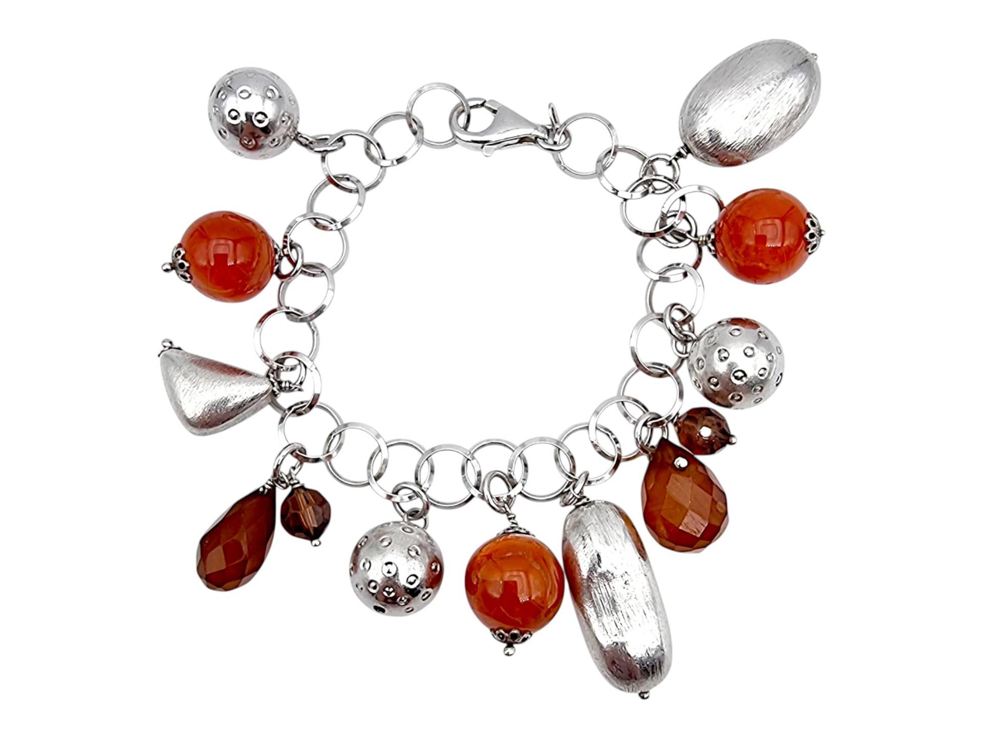 Vintage Chunky Sterling Silver Charm Bracelet With Carnelian & Faceted Glass Beads | 925 50.8G von detaschmuck